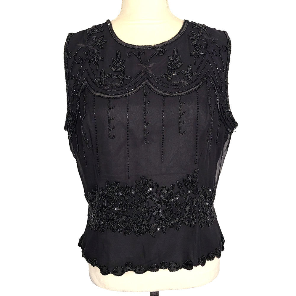 Papell Boutique Evening Black Floral Beaded Sleeveless Top Large 100% Silk Party